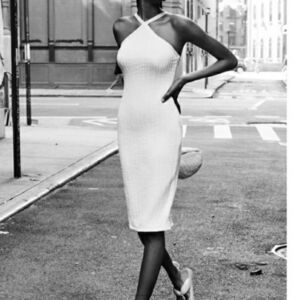 Zara White Cross Neck Halter Midi Dress Sz Large Ribbed Fitted Cable Knit